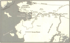 Map of the Serum Run from The Cruelest Miles, by Gay and Laney Salisbury (W.W.Norton & Co., 2003)